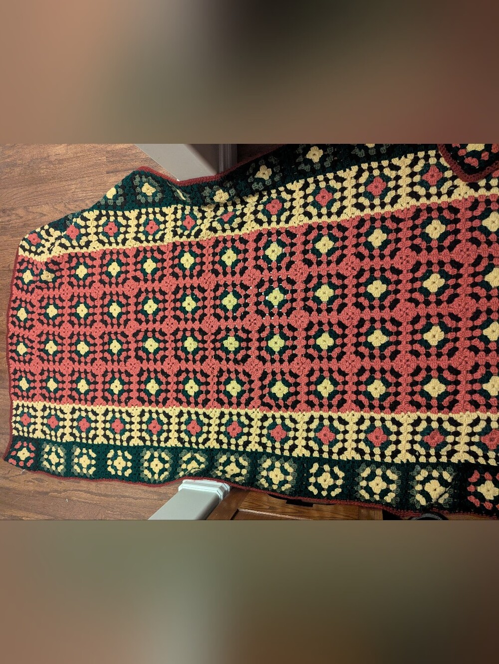 Granny Square Crochet Pattern Blanket in Pink, Yellow & Green 46"x76"